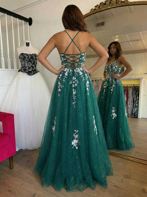 Glittering Lace Appliques Spaghetti Straps V Neck Prom Dresses