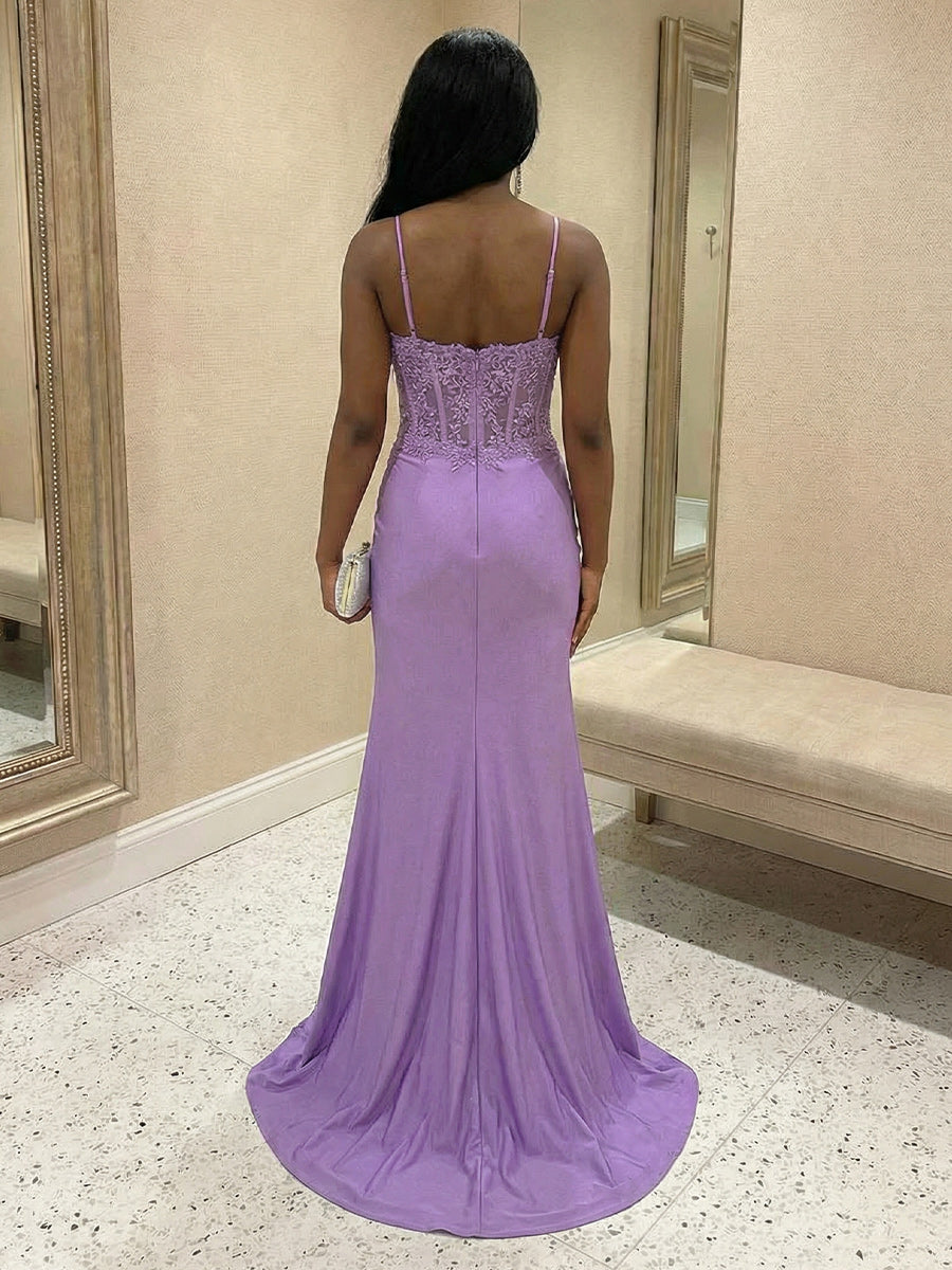Lace Appliques Spaghetti Straps Mermaid V Neck Prom Dresses with Slit