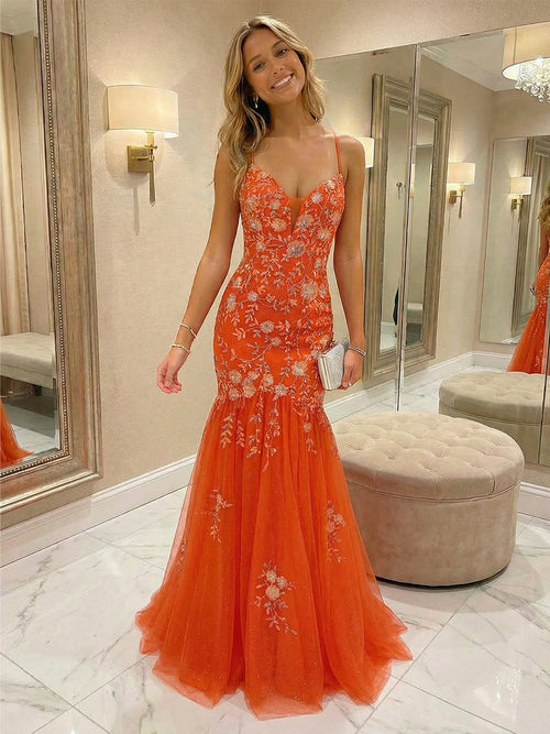 Lace Appliques Sequin Mermaid V Neck Backless Prom Dresses