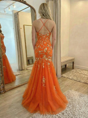 Lace Appliques Sequin Mermaid V Neck Backless Prom Dresses