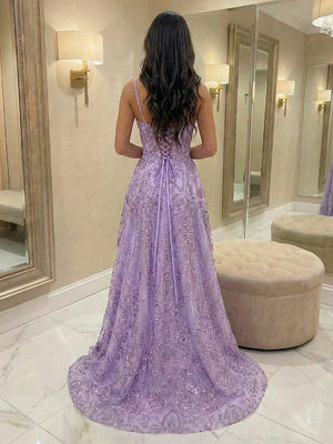 Sequin Appliques A Line V Neck Prom Dresses with Slit