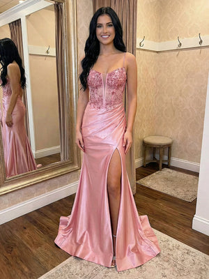 Lace Appliques Satin Sweetheart Prom Dresses with Slit