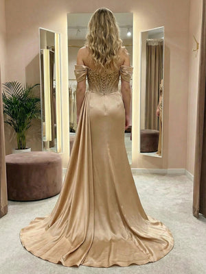 Sequin Off the Shoulder Sweetheart Pleats Prom Dresses with Slit