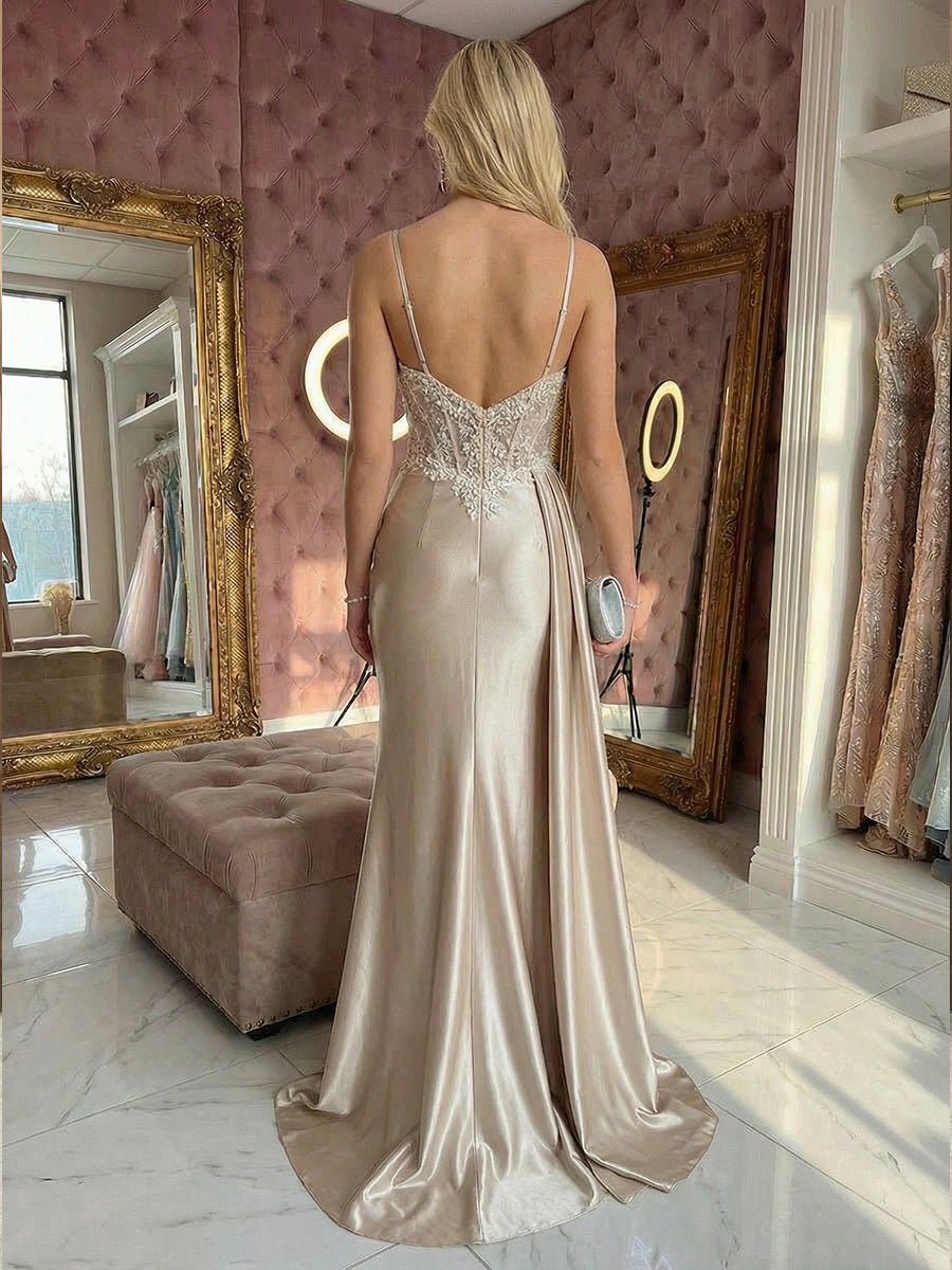 Lace Appliques Spaghetti Straps Pleats Prom Dresses with Slit Evening Gowns