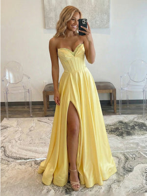 Satin Strapless A Line Long Prom Dresses with Slit Party Gowns