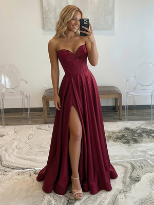 Satin Strapless A Line Long Prom Dresses with Slit Party Gowns