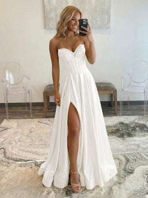 Satin Strapless A Line Long Prom Dresses with Slit Party Gowns