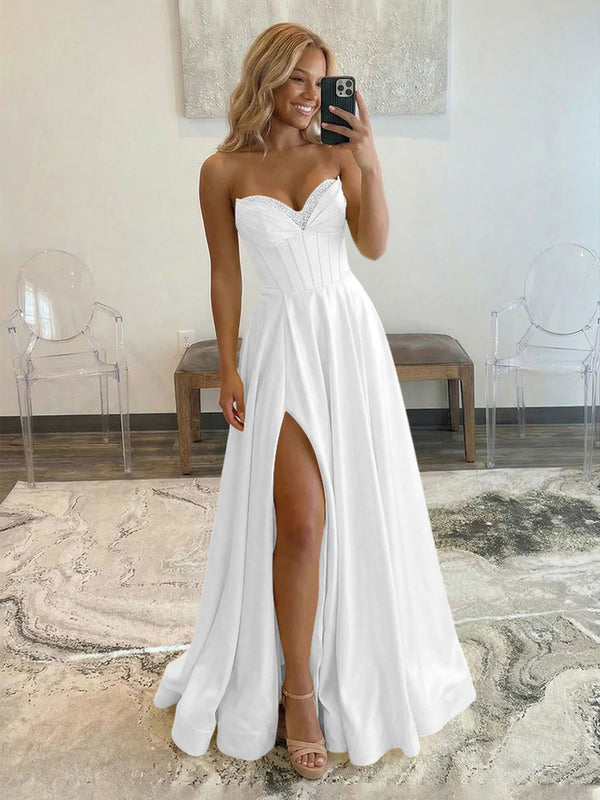 Satin Strapless A Line Long Prom Dresses with Slit Party Gowns