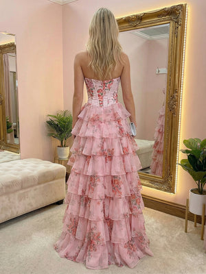 Floral Strapless A Line Layered Ruched Prom Dresses with Slit