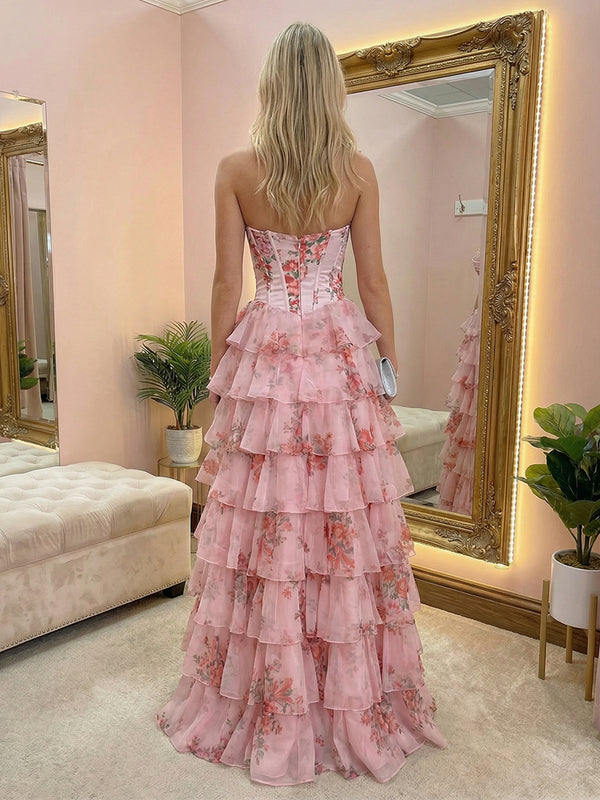 Floral Strapless A Line Layered Ruched Prom Dresses with Slit