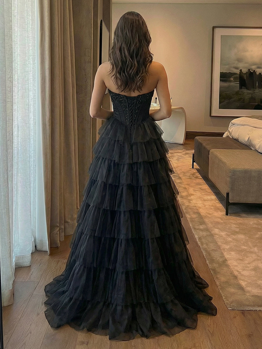 Layered Chiffon Strapless A Line Sequin Prom Dresses with Slit