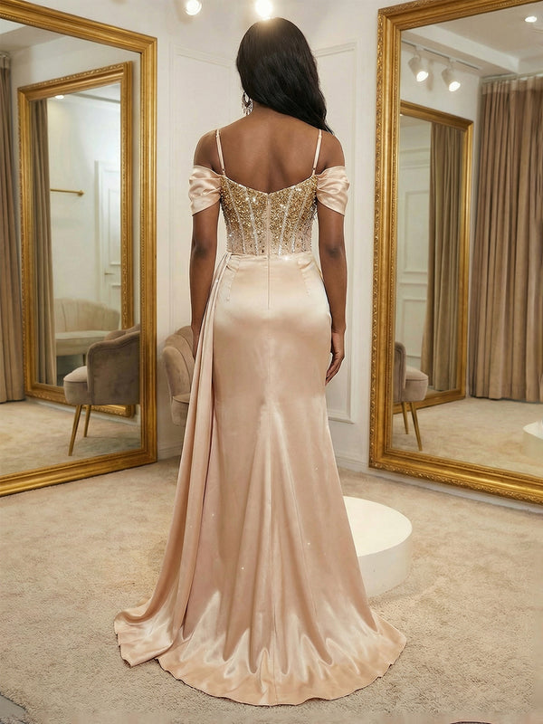 Sequin Mermaid Off the Shoulder Pleats Prom Dresses with Slit Evening Party Gowns