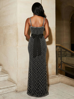 Glitter Beading Sheath Spaghetti Straps Split Prom Dresses with Bow