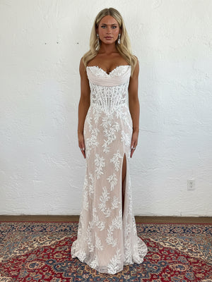 Lace Applique Strapless Sheath Cowl Neck Prom Dresses with Slit