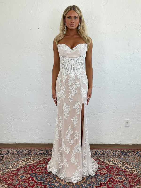 Lace Applique Strapless Sheath Cowl Neck Prom Dresses with Slit