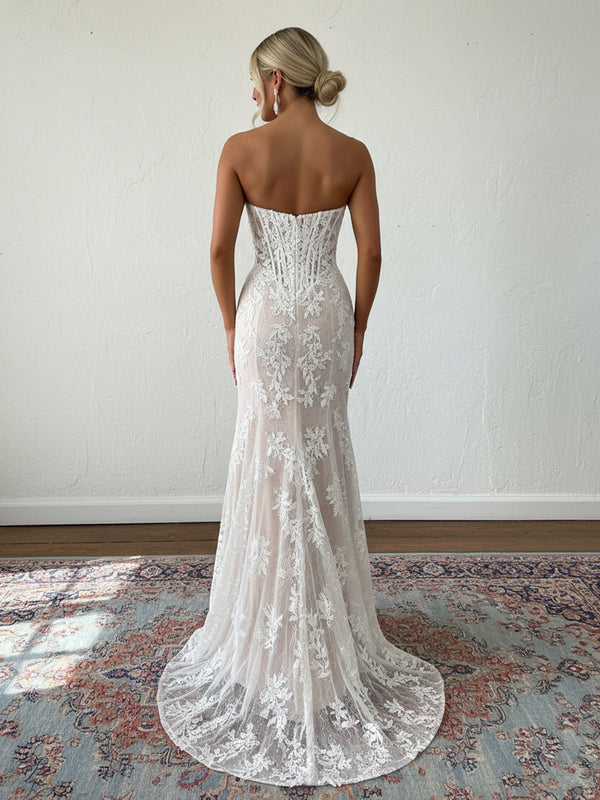 Lace Applique Strapless Sheath Cowl Neck Prom Dresses with Slit