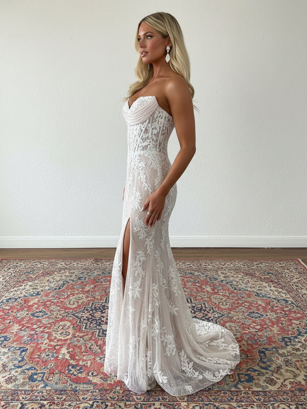 Lace Applique Strapless Sheath Cowl Neck Prom Dresses with Slit