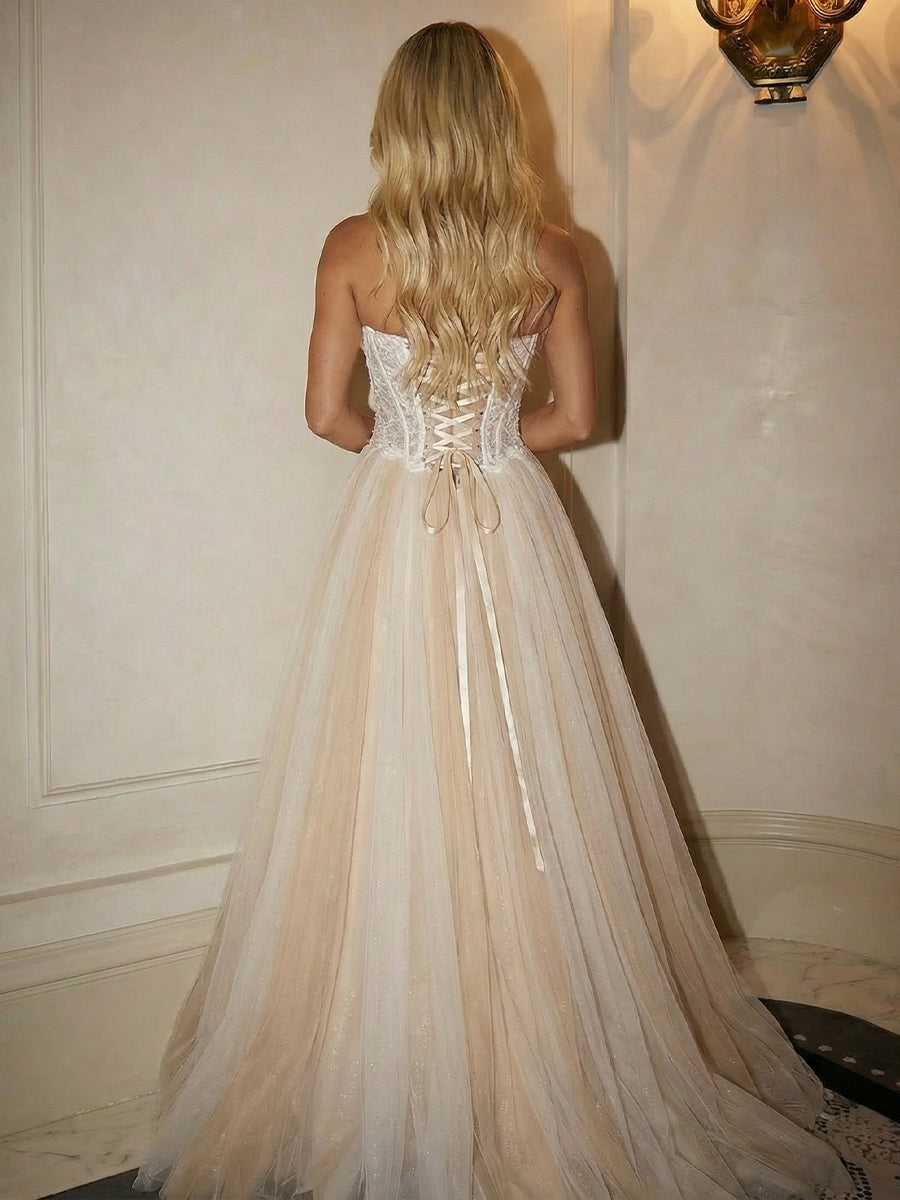 Lace Appliques Strapless A Line Cowl Neck Prom Dresses