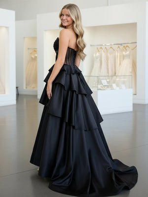 Satin High Low Ruffles A Line Sweetheart Prom Dresses