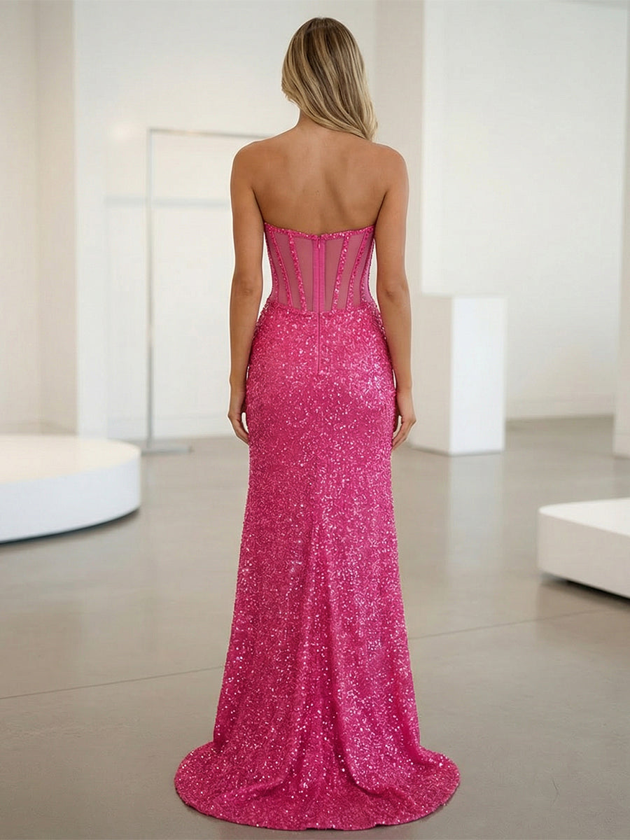 Glitter Sequin Ruffles Mermaid Sweetheart Prom Dresses with Slit