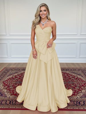 Satin Bow A Line One Shoulder Formal Dresses