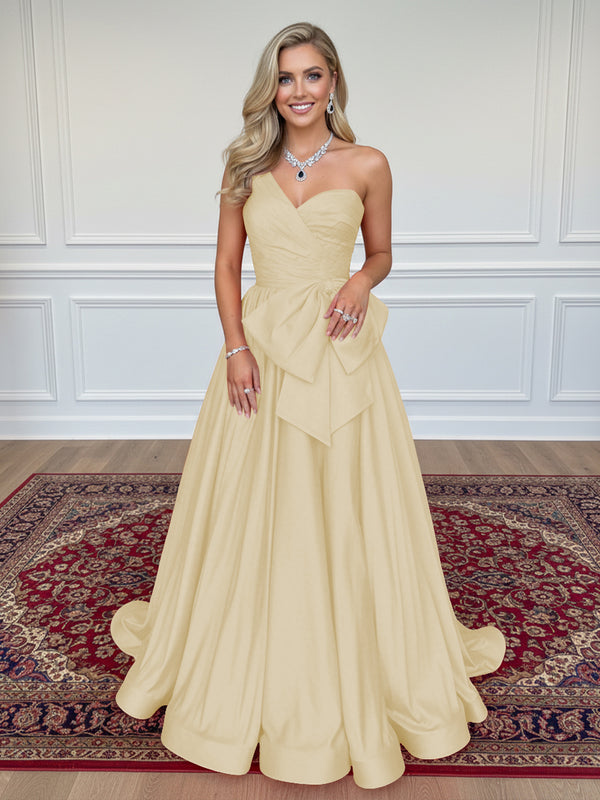 Satin Bow A Line One Shoulder Formal Dresses