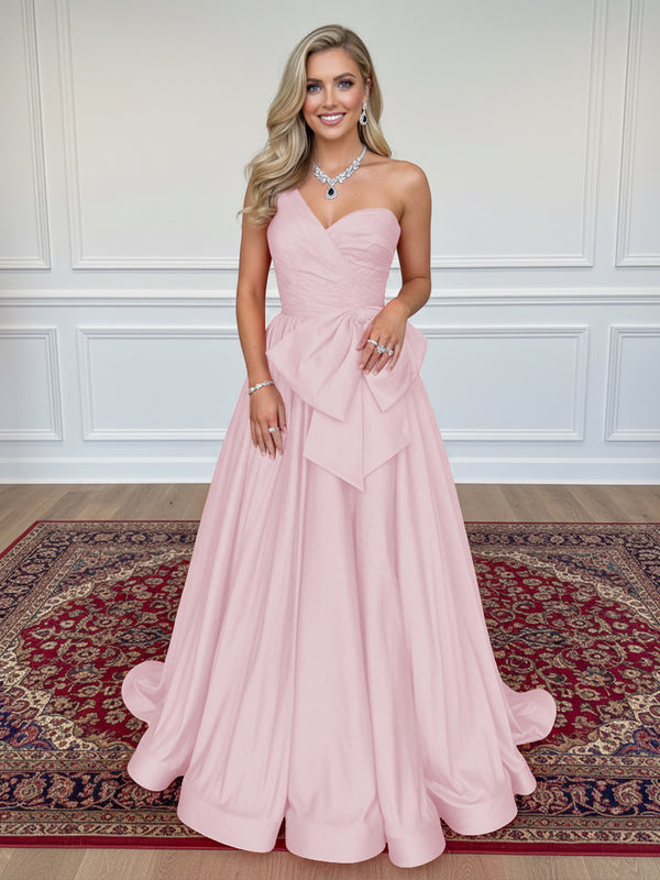 Satin Bow A Line One Shoulder Formal Dresses