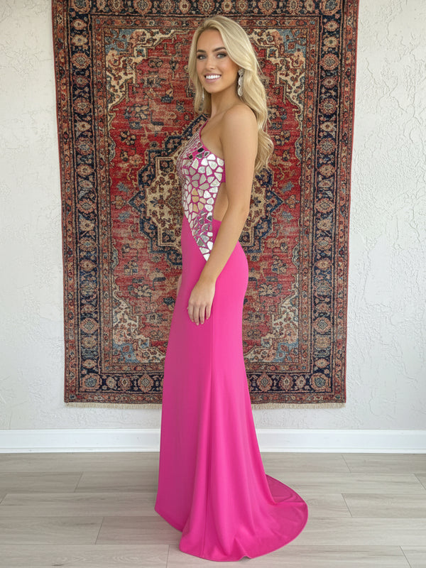 Satin One Shoulder Mermaid Cut Out Prom Dresses with Crystals