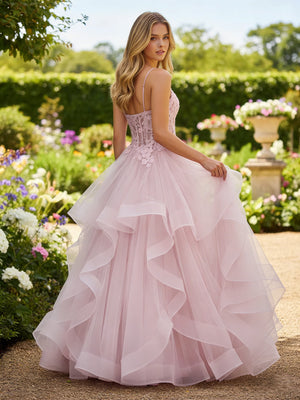 Lace Spaghetti Straps A Line V Neck Prom Dresses with Ruffles