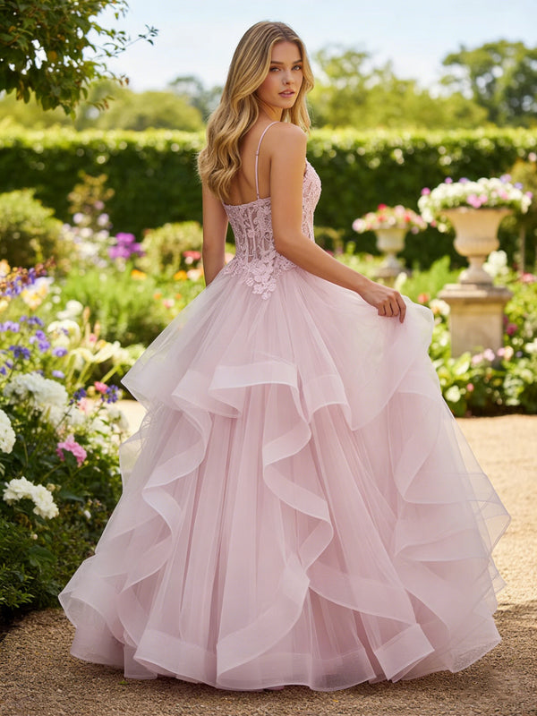 Lace Spaghetti Straps A Line V Neck Prom Dresses with Ruffles