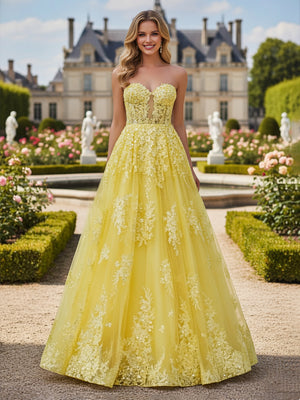 Sequin Applique Strapless Sweetheart A Line Laces Prom Dresses