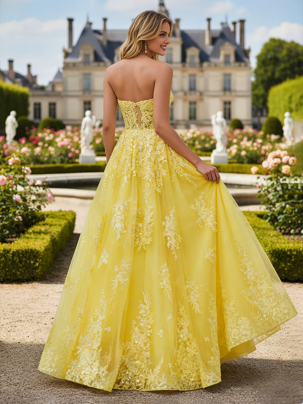 Sequin Applique Strapless Sweetheart A Line Laces Prom Dresses