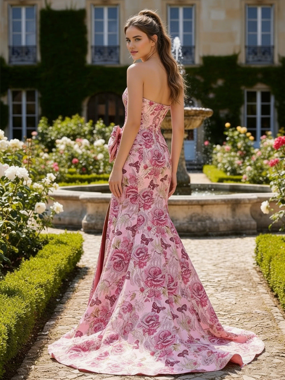 Jacquard Strapless Split Corset Prom Dresses Wedding Guest Dresses with Bow