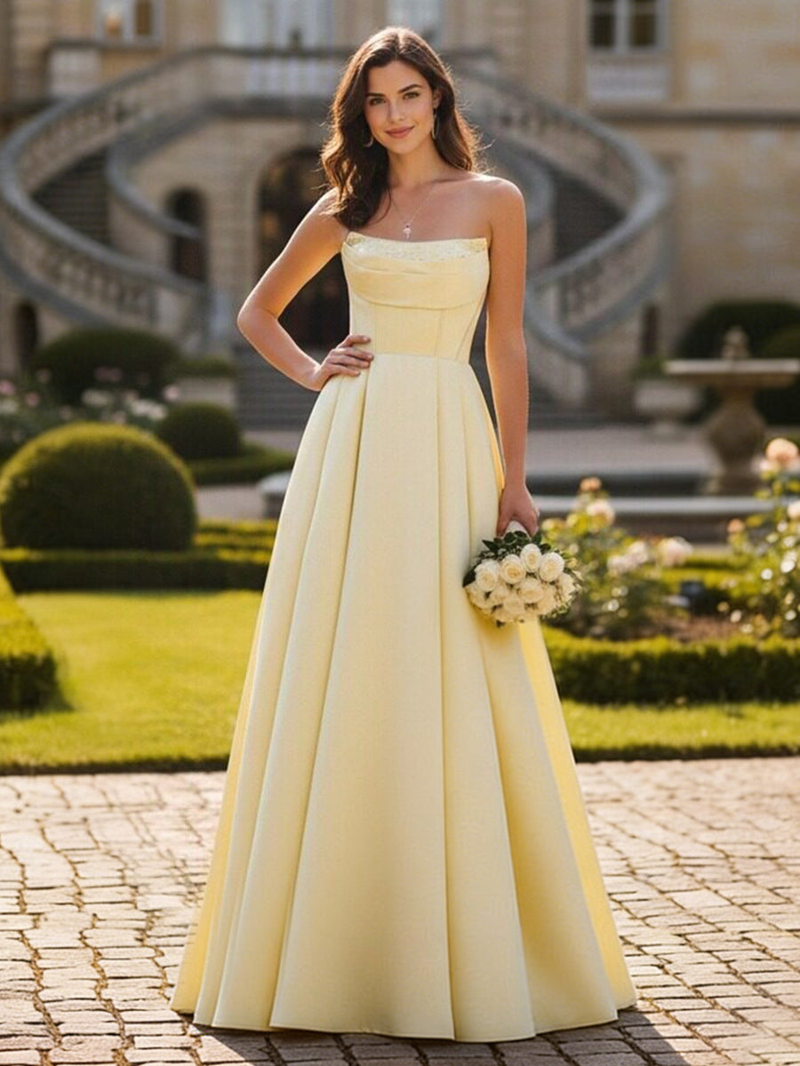 Satin Strapless Cowl Neck Prom Dresses A Line Party Dresses