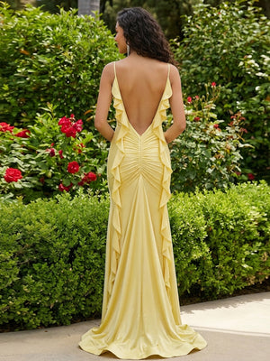 Spaghetti Straps Satin Ruffles Corset Prom Dresses with Slit