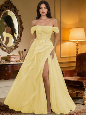 Off the Shoulder Tulle Ruffles Corset Formal Evening Dresses
