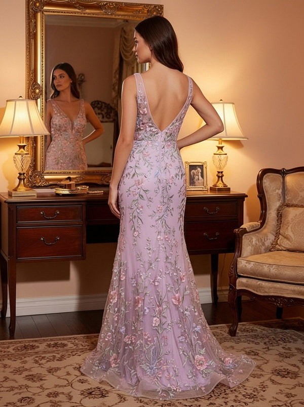 V Neck 3D Flower Corset Prom Dresses with Slit