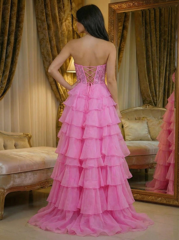 Sweetheart Layered Ruffles Corset Prom Dresses with Slit