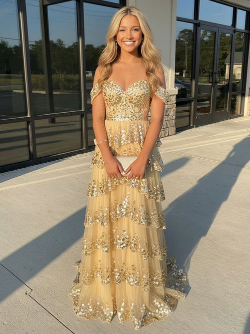 Sequin Applique Off the Shoulder A-Line Prom Dresses Layered Party Gowns