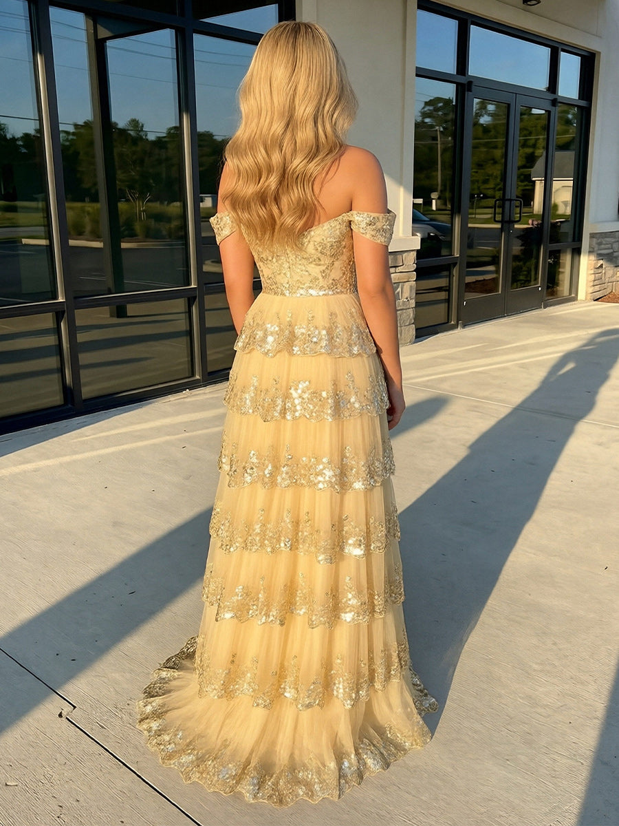 Sequin Applique Off the Shoulder A-Line Prom Dresses Layered Party Gowns
