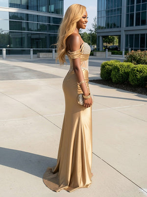 Sequin Off the Shoulder Mermaid Prom Dresses with Pleats Evening Gowns