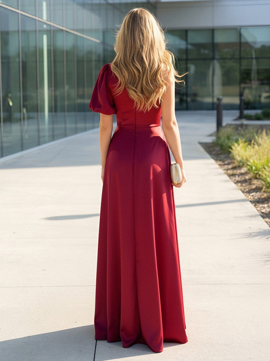 Satin One Shoulder Pleats A-Line Prom Dresses with Slit Wedding Guest Dresses