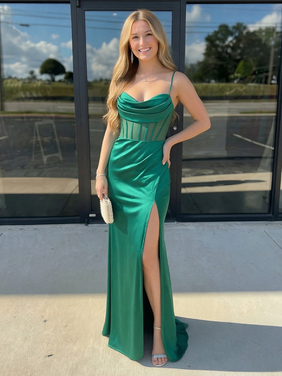Satin Spaghetti Straps Cowl Neck Prom Dresses with Slit