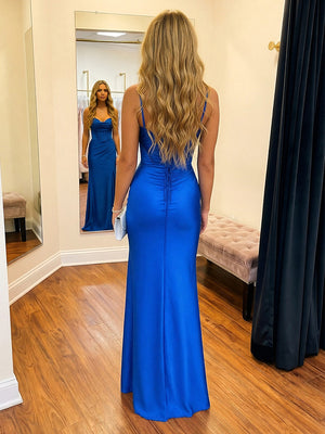 Satin Spaghetti Straps Cowl Neck Pleats Prom Dresses with Slit