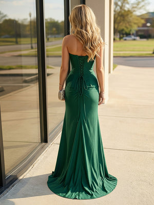 Satin Strapless Cowl Neck Mermaid Prom Dresses with Slit
