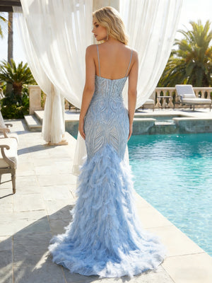 Sequin Spaghetti Straps Deep V-Neck Prom Dresses Corset Mermaid Maxi Evening Party Gowns with Feather Sweep Train