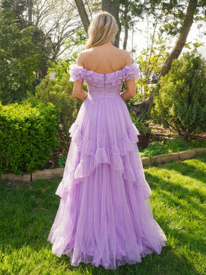Tulle Ruffles V Neck Tiered A Line Off the Shoulder Prom Dresses