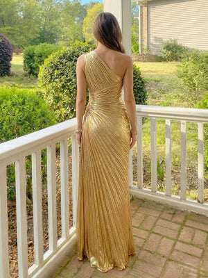 One Shoulder Pleated Satin A Line Prom Dresses