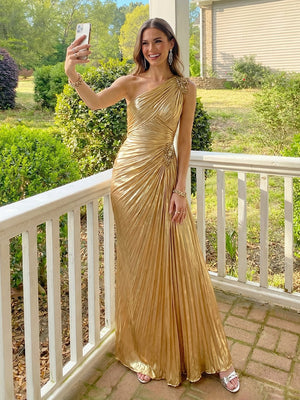 One Shoulder Pleated Satin A Line Prom Dresses