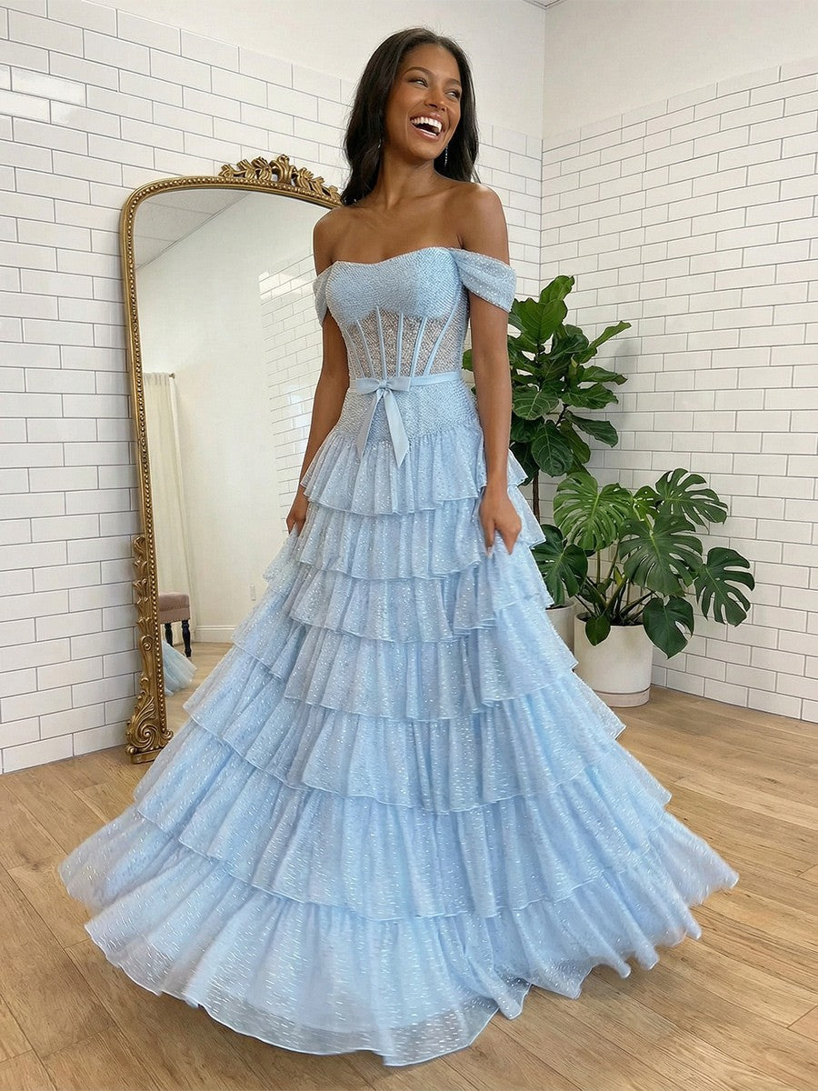 Tulle Off the Shoulder Tiered Strapless Bow A Line Prom Dresses